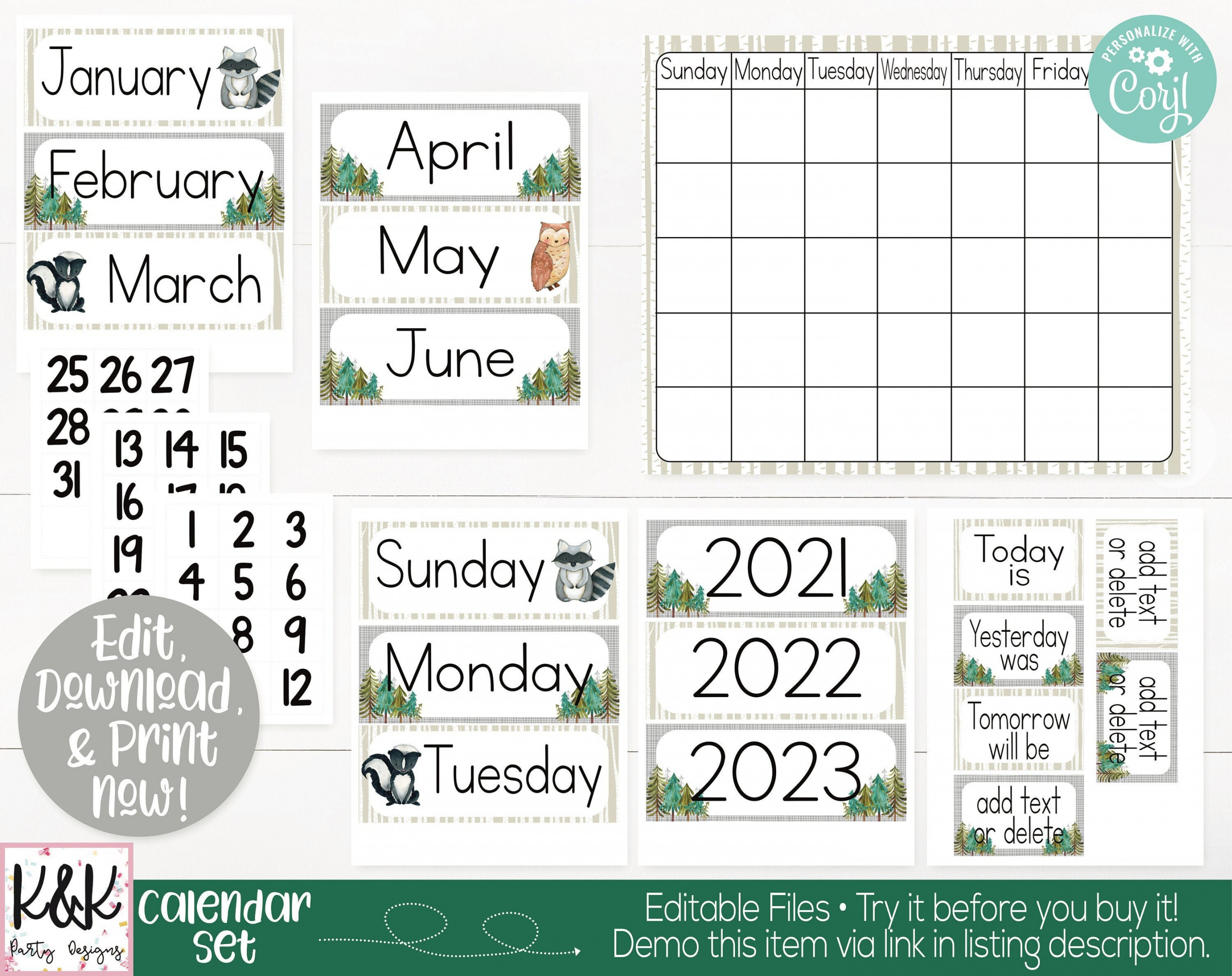 Woodland Classroom Calendar Set Printable Woodland Forest - Etsy