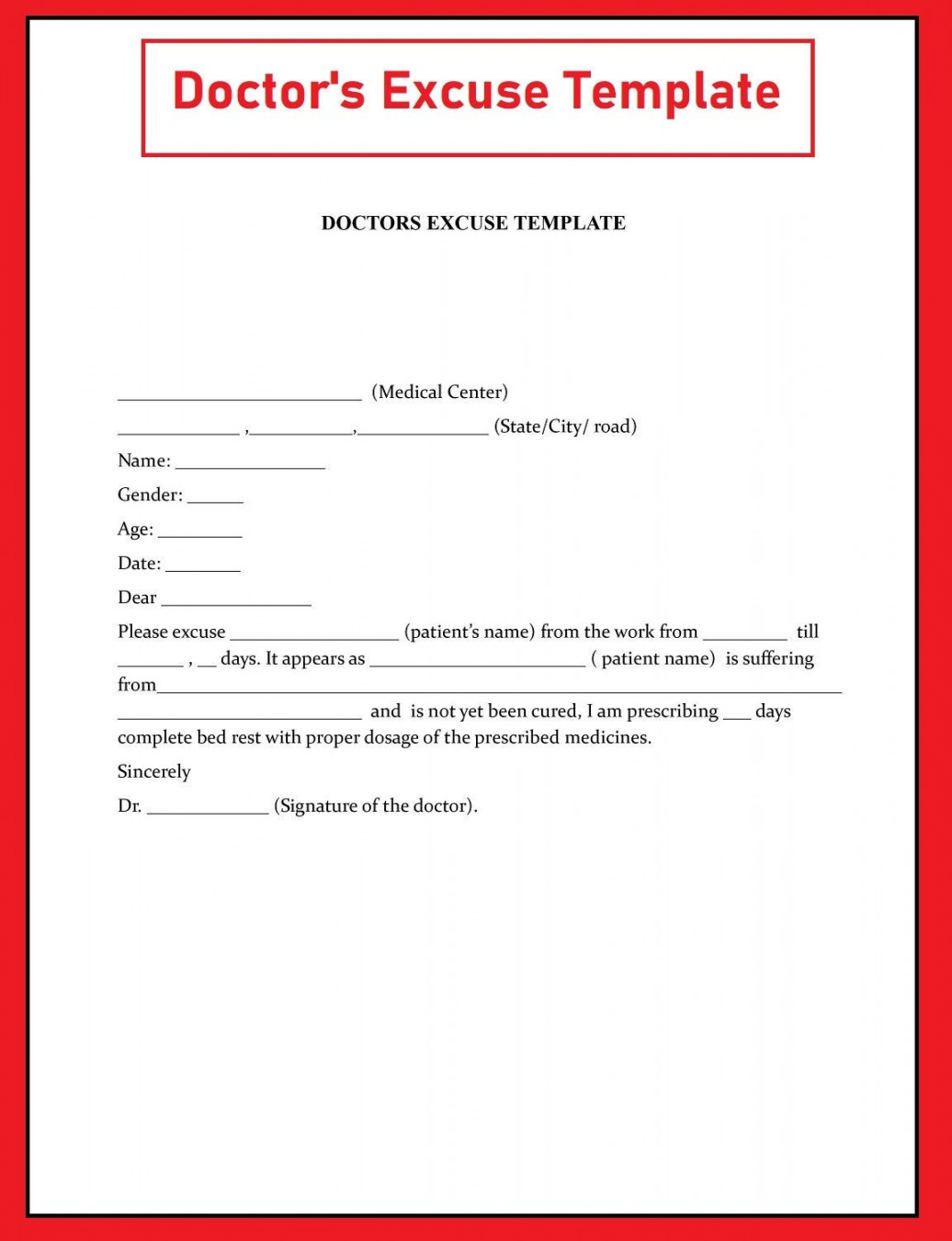 Doctors Excuse Template - Work Excuse Doctor Note - School Excuse Doctors  Note - Instant Download - Medical Excuse Letter - PDF and Word