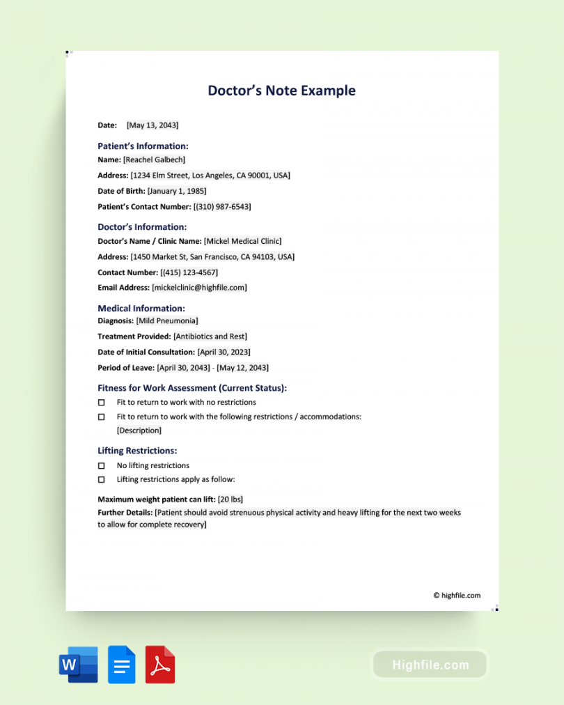 Doctors Note Example - Word  PDF  Google Docs - Highfile