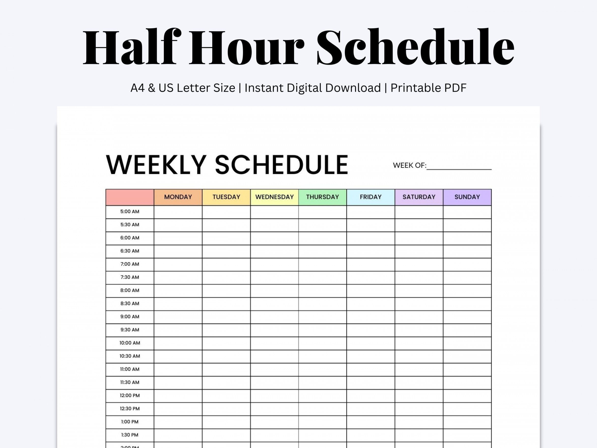 Weekly Schedule, Half Hour Weekly Planner, Hour by Hour Planner
