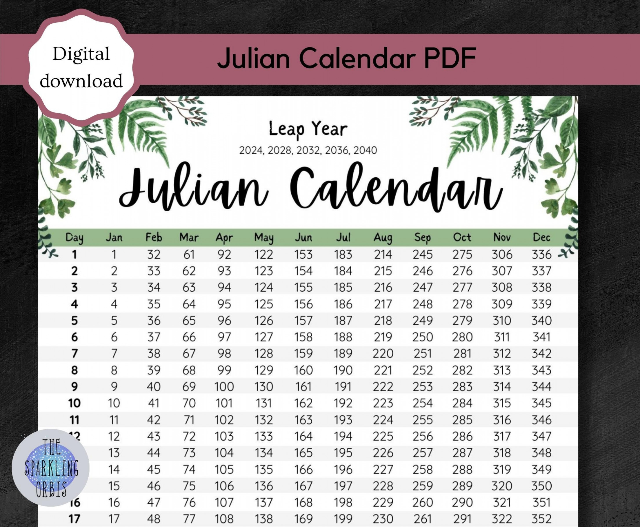 Julian Calendar Military Leaf Design Digital Download Printable