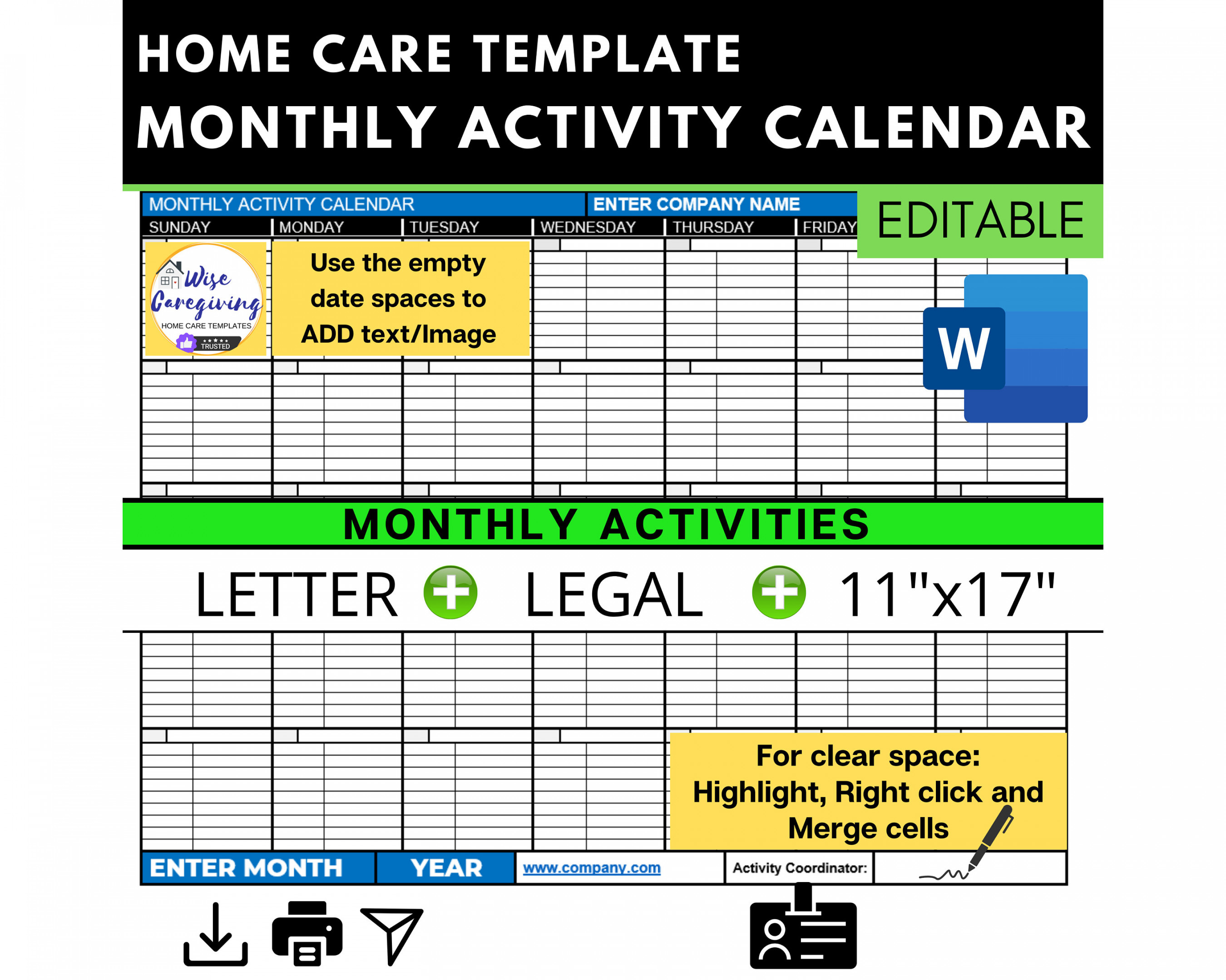 Monthly Activity Calendar, Home Care Template, Monthly Event