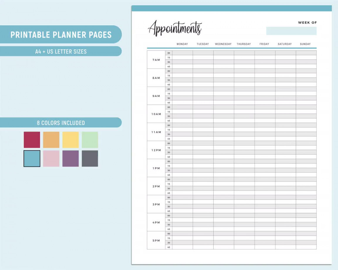 Printable appointment book, Print at home Timeslot booking template for  small business,  minute interval weekly appointment list