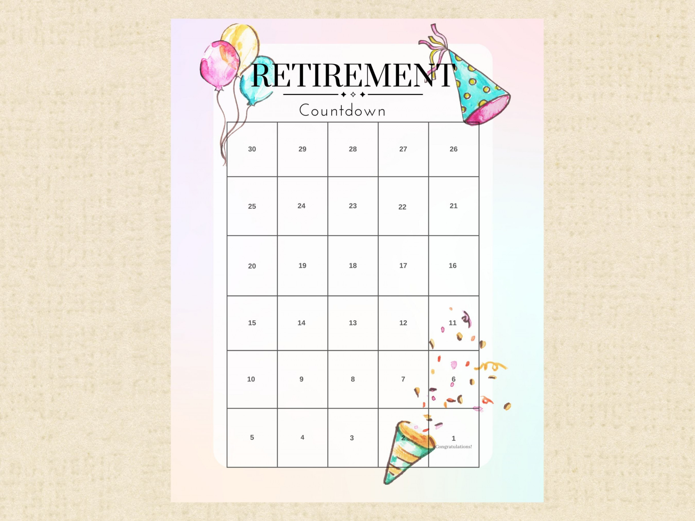 Retirement Countdown Calendar Instant Download Printable PDF