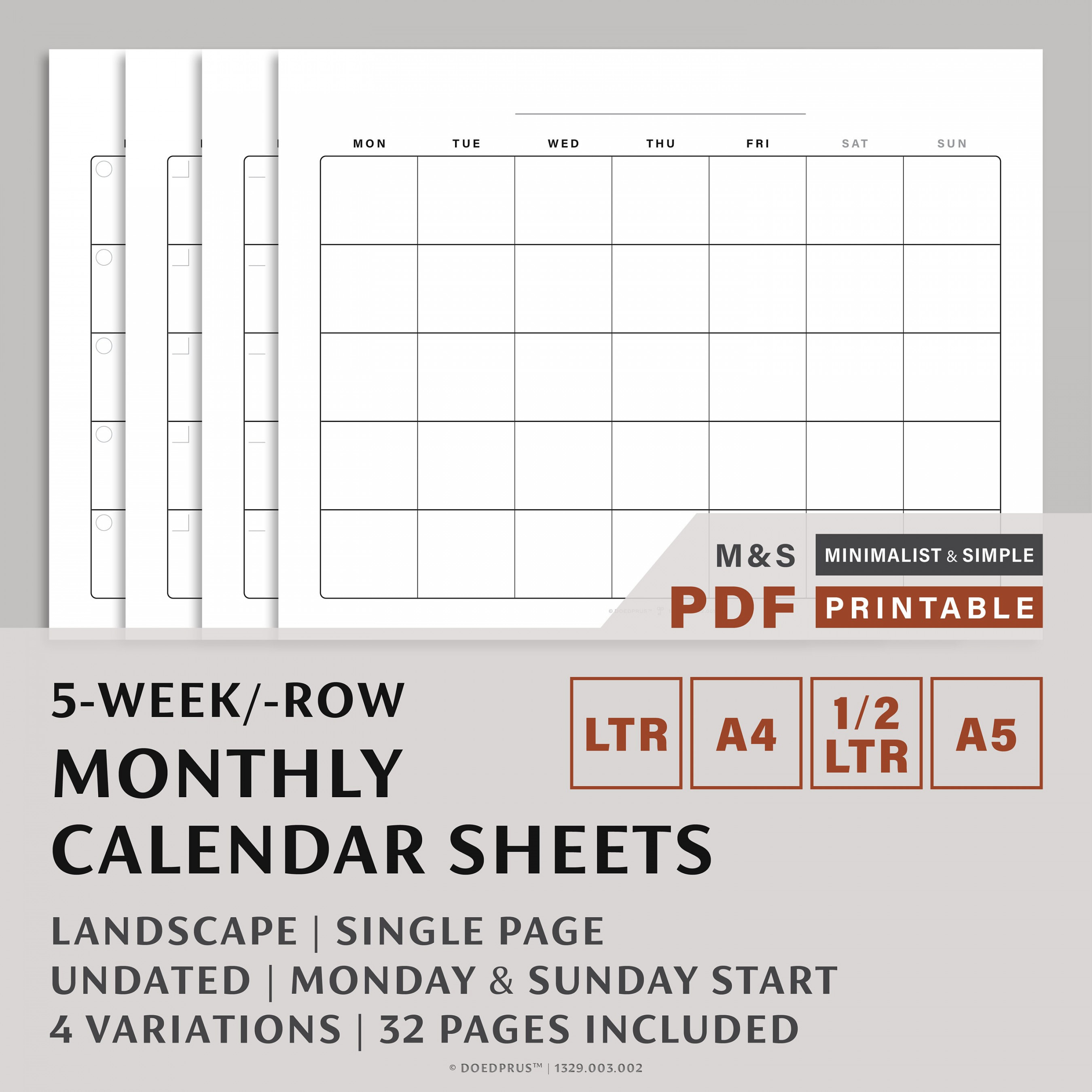-week Monthly Calendar Sheets Landscape  Variations Undated