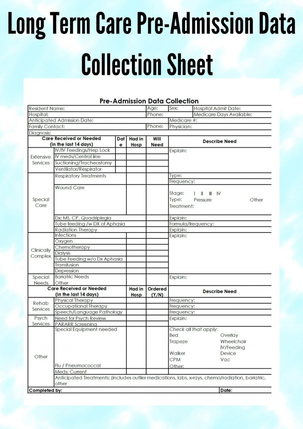 Long Term Care Pre Admission Data Collection Sheet - Etsy