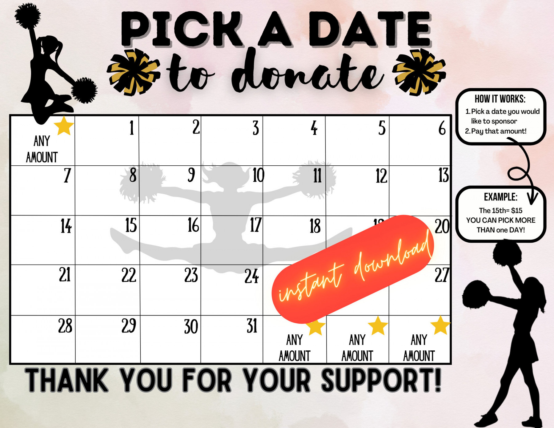 Cheer Pick a Date to Donate, Fundraiser Calendar, Pay the Date