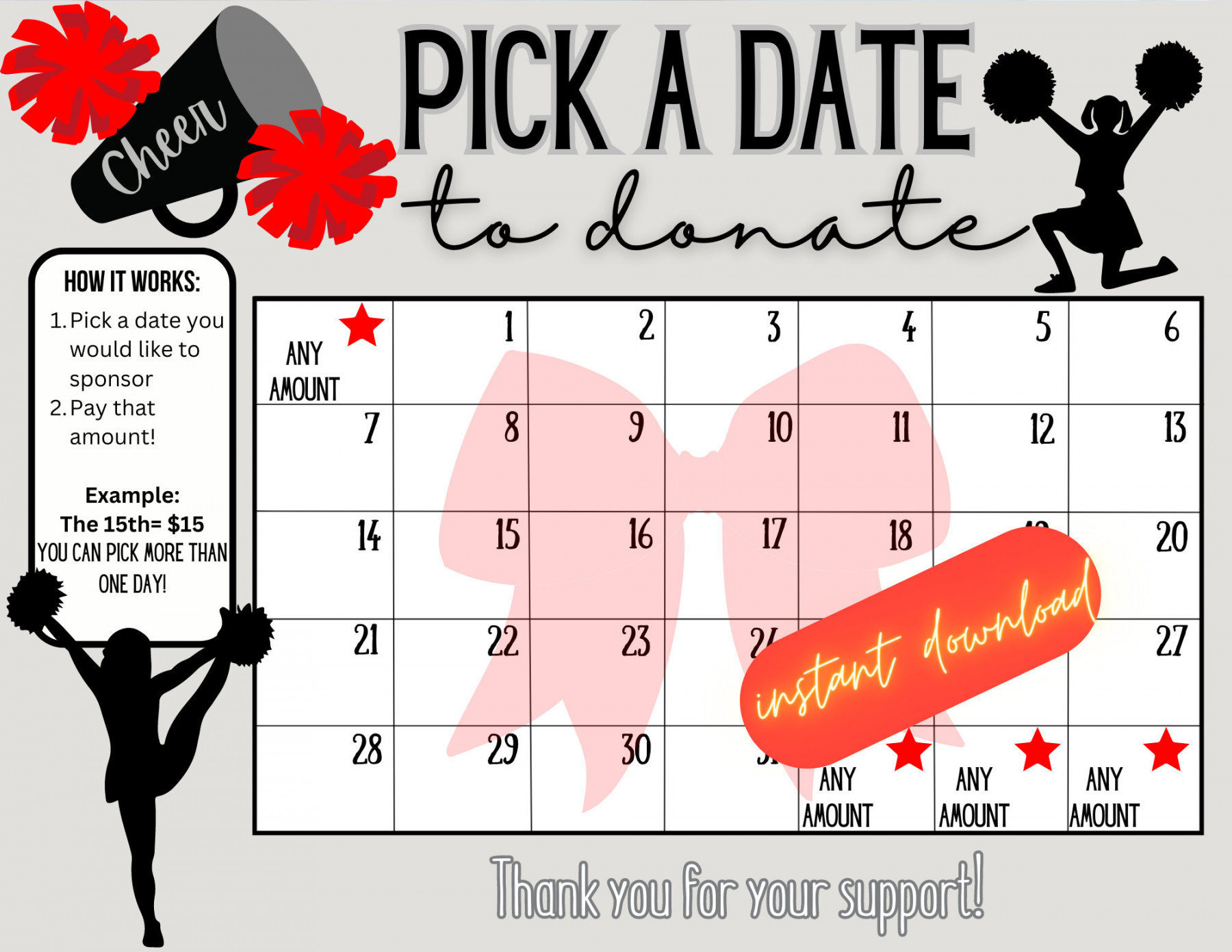 Cheer Red Pick a Date to Donate, Fundraiser Calendar, Pay the Date