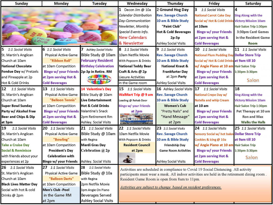 El Jen Skilled Care February Activities Calendar - El Jen Skilled