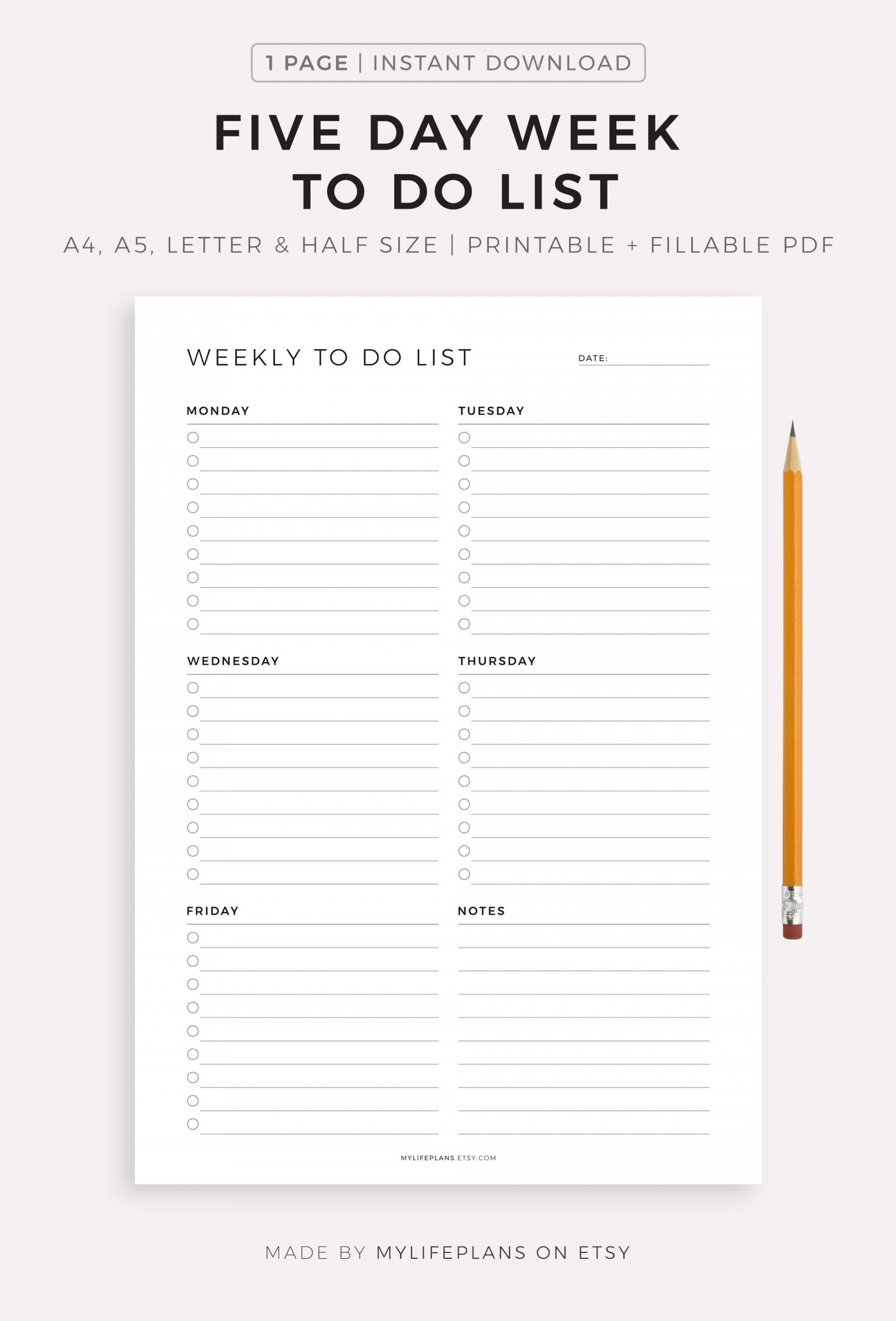 Five Day Week to Do List Printable, Minimal Weekly Planner