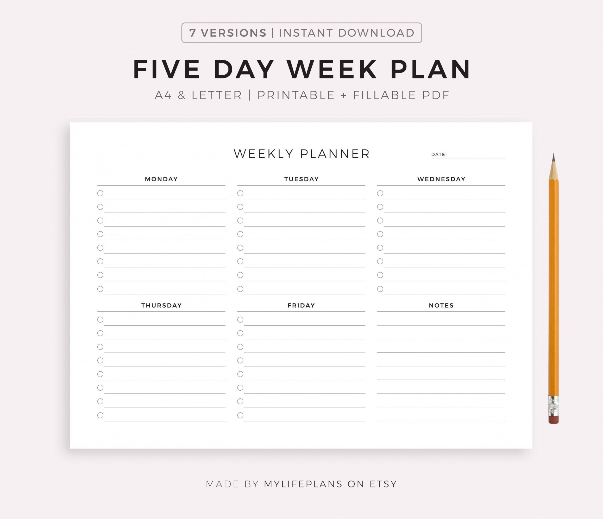 Five Day Weekly Planner Printable to Do List, Weekly Schedule