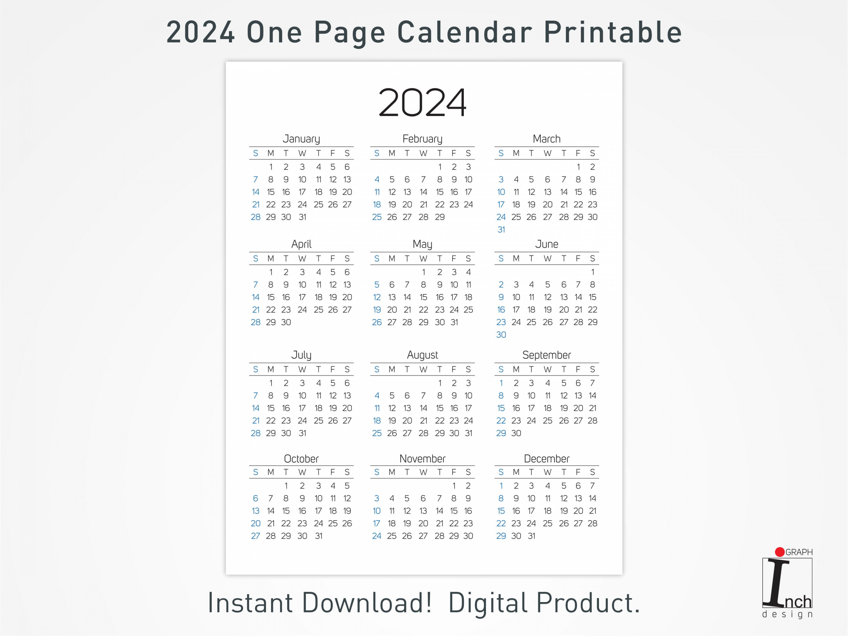 Printable Calendar,  Months One Page Calendar, Wall