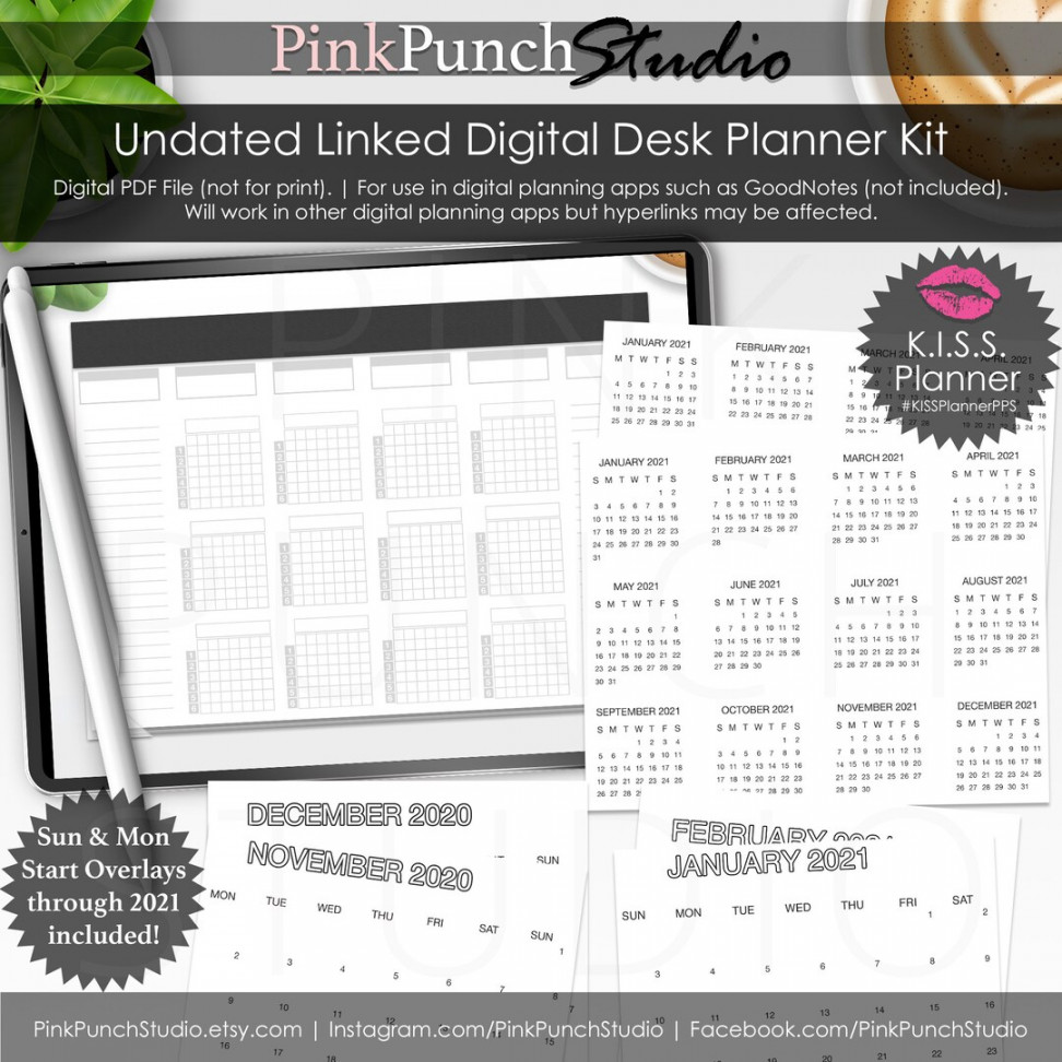 White Undated Yearly Horizontal KISS Planner PPS Digital Desk Calendar  Planning Kit Perpetual Overlays Hyperlinked PDF Monthly Weekly Daily - Etsy