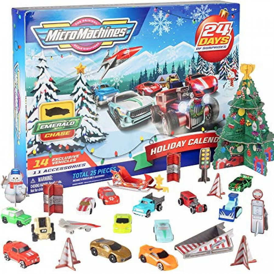 Micro Machines  Holiday Christmas Advent Calendar for Boys, -Piece  Set - Mini Cars w/ Race Track Playset - Collectible Miniature Vehicle Toy