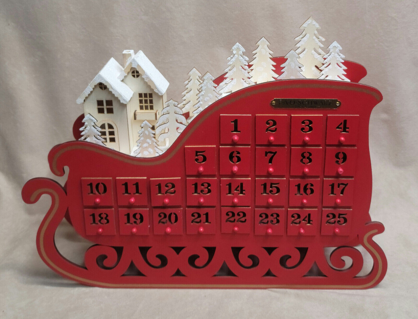 FAO SCHWARZ  Red Tan Wood Light Up Advent Calendar Sleigh # Pull-Out  Drawers