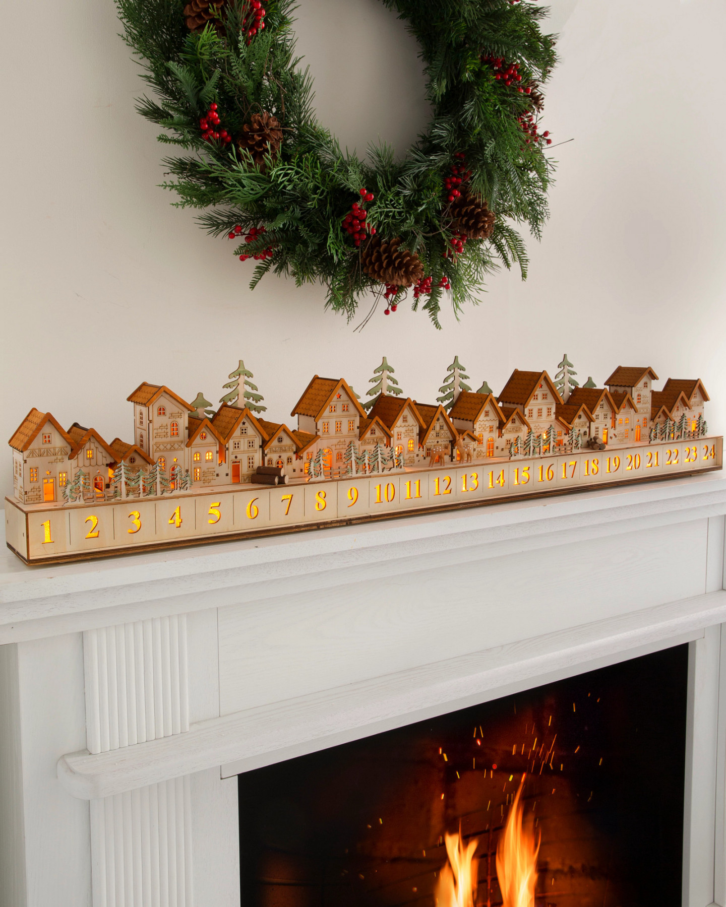 Natural Lit Wooden Christmas Village Advent Calendar