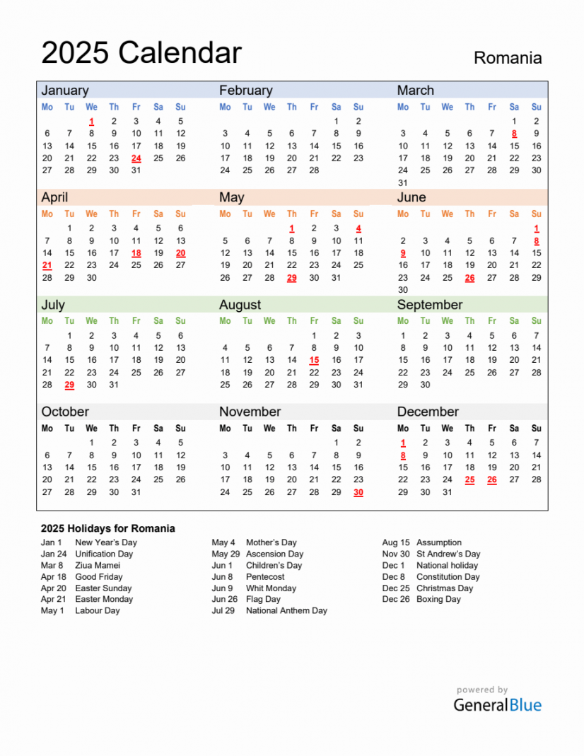 Annual Calendar  with Romania Holidays