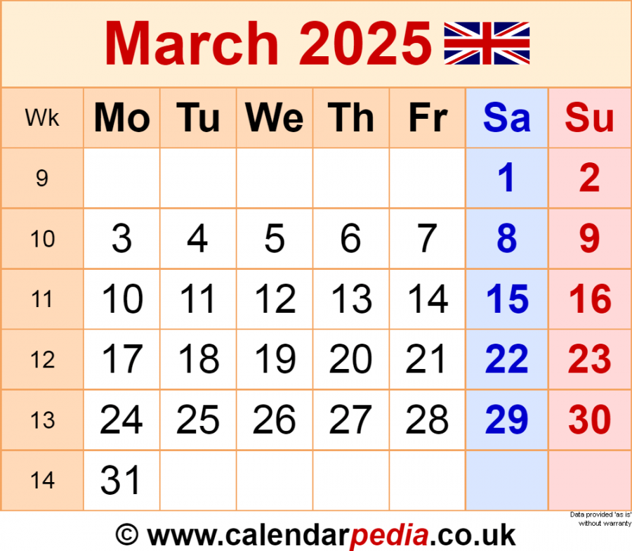 Calendar March  UK with Excel, Word and PDF templates