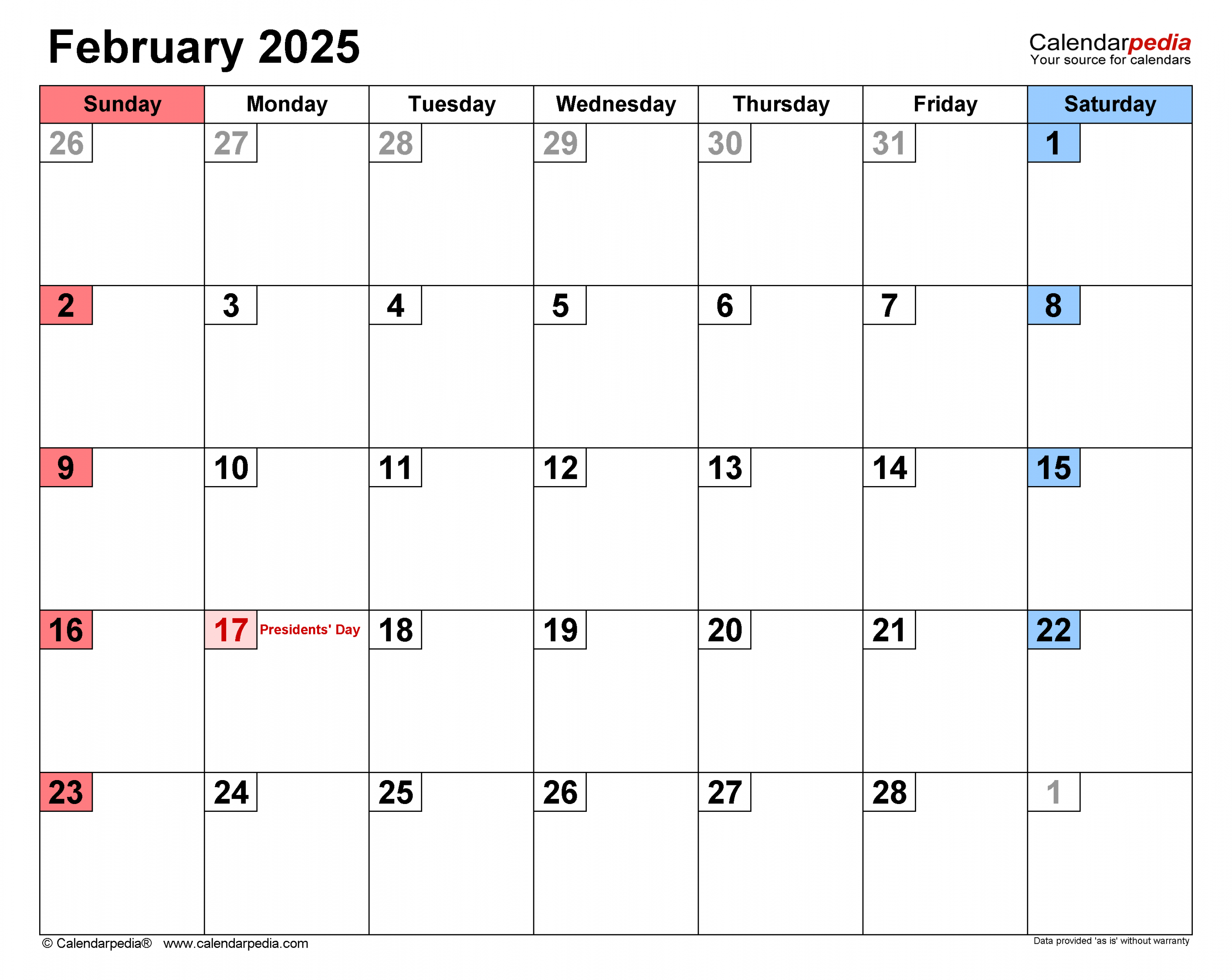 February  Calendar  Templates for Word, Excel and PDF