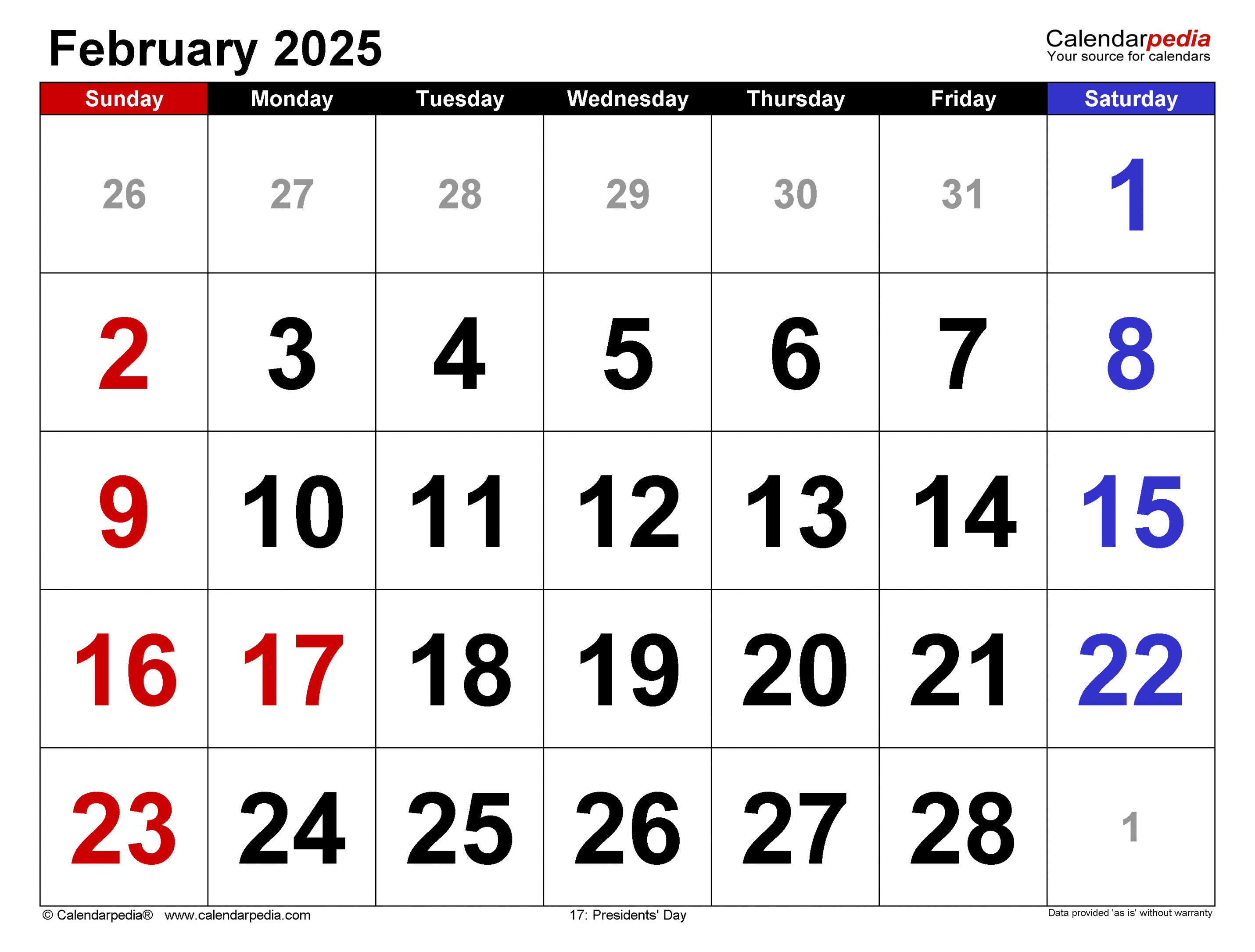 February  Calendar  Templates for Word, Excel and PDF