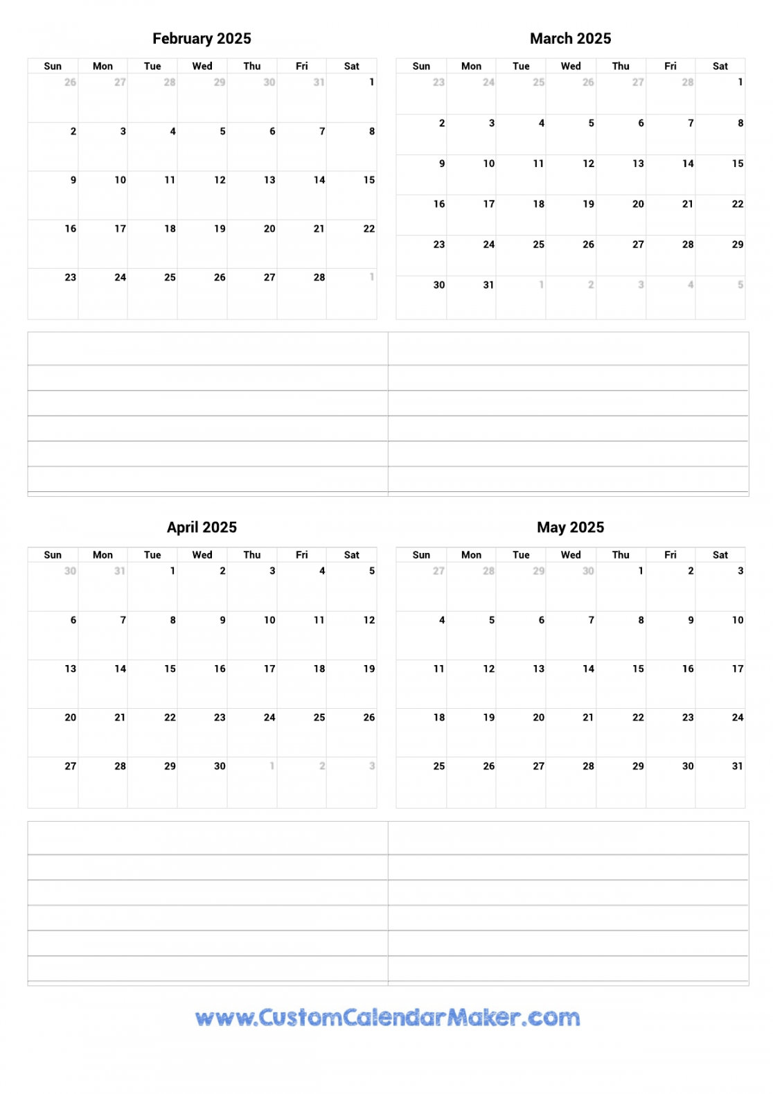 February to May  Printable Calendar