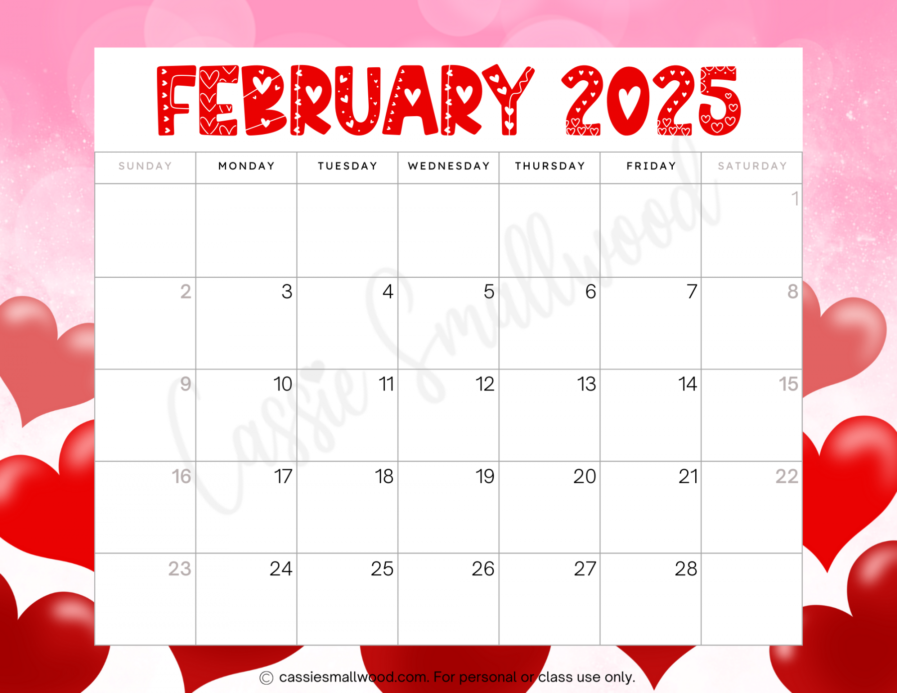 Free Printable Cute February  Calendar