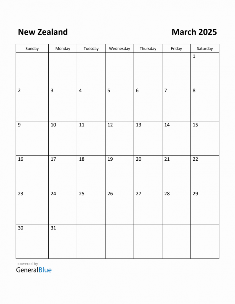 Free Printable March  Calendar for New Zealand