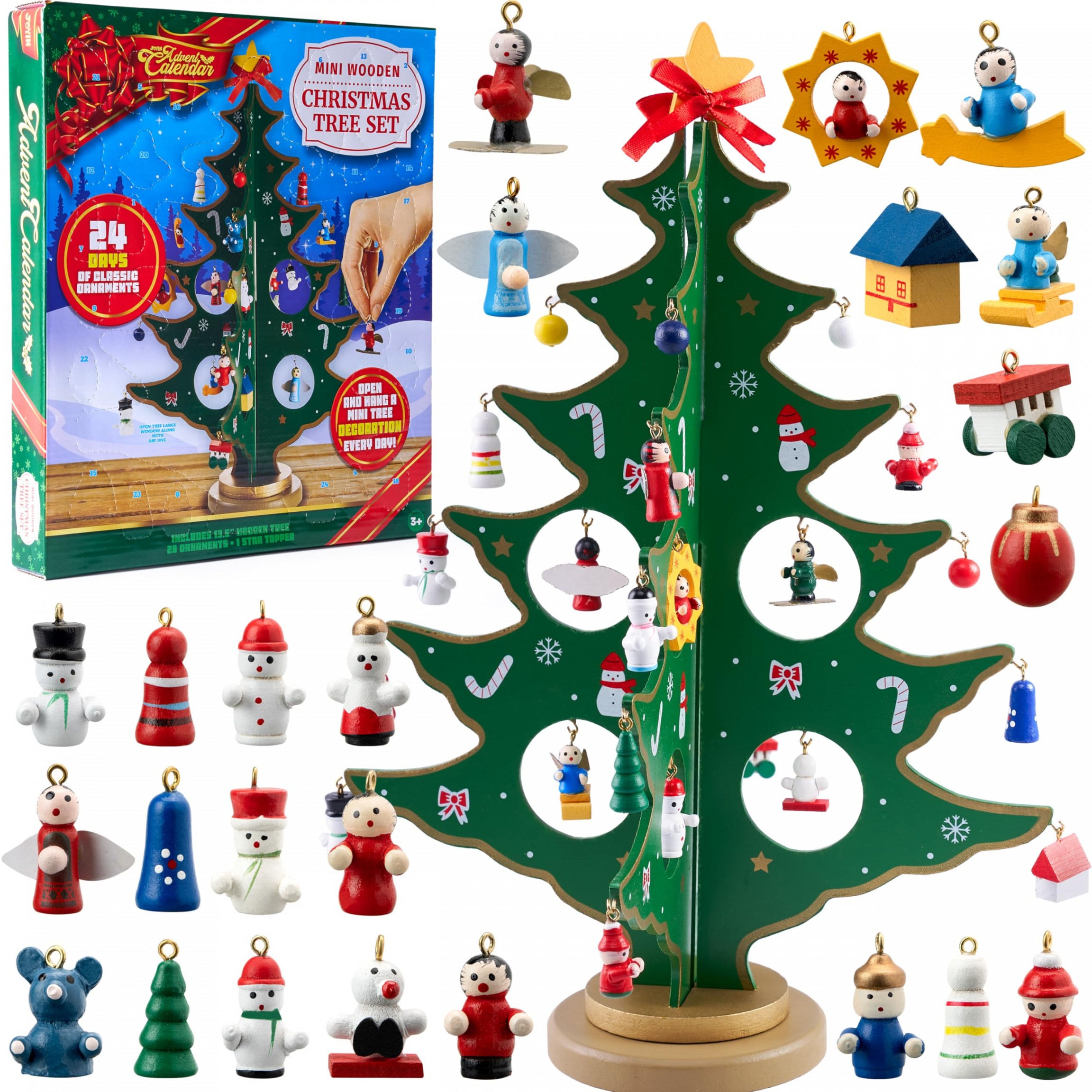 JOYIN Christmas  Days Countdown Advent Calendar with a Tabletop Wooden  Christmas Tree and  Ornaments Snowman Santa Decorations for Boys, Girls  and