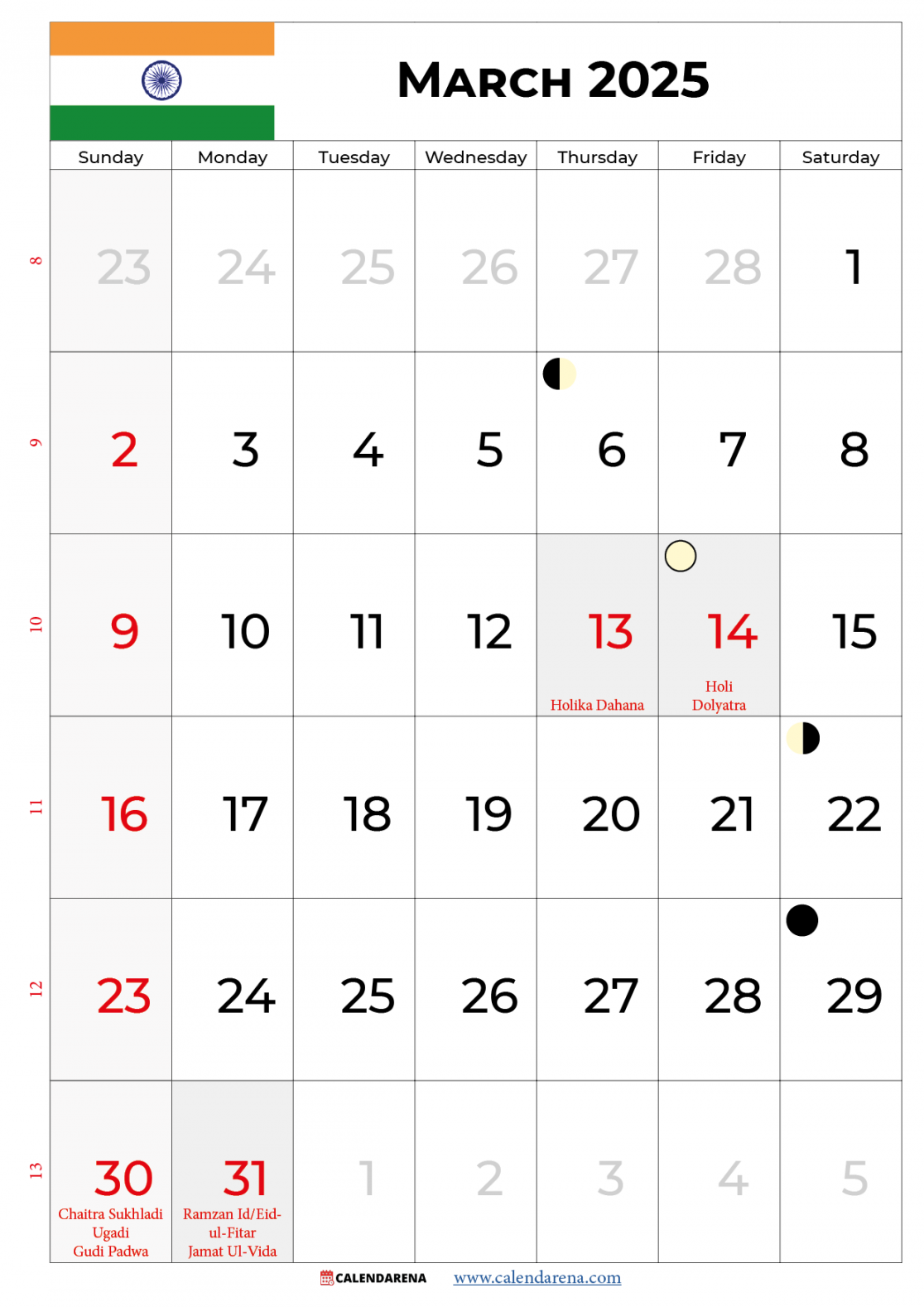 March  Calendar India With Holidays