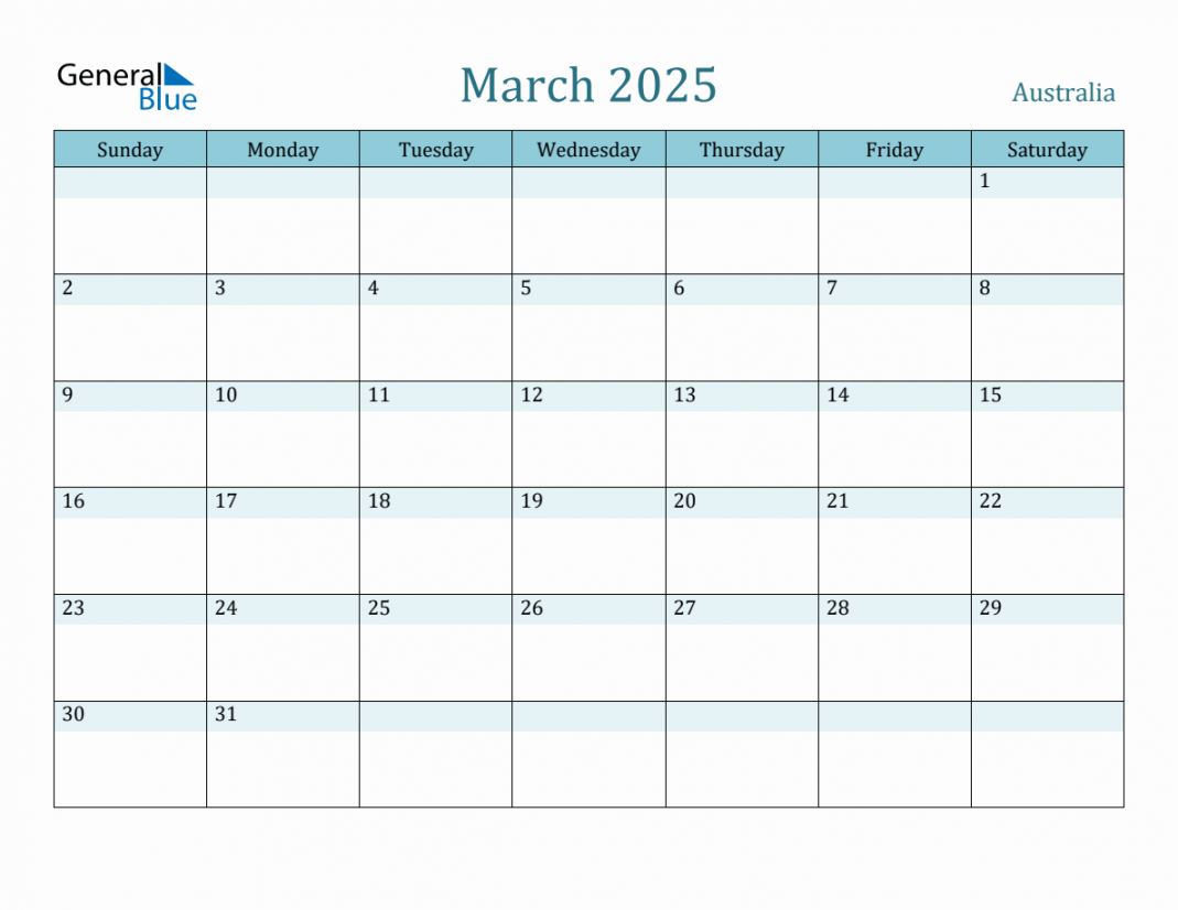 Australia Holiday Calendar for March