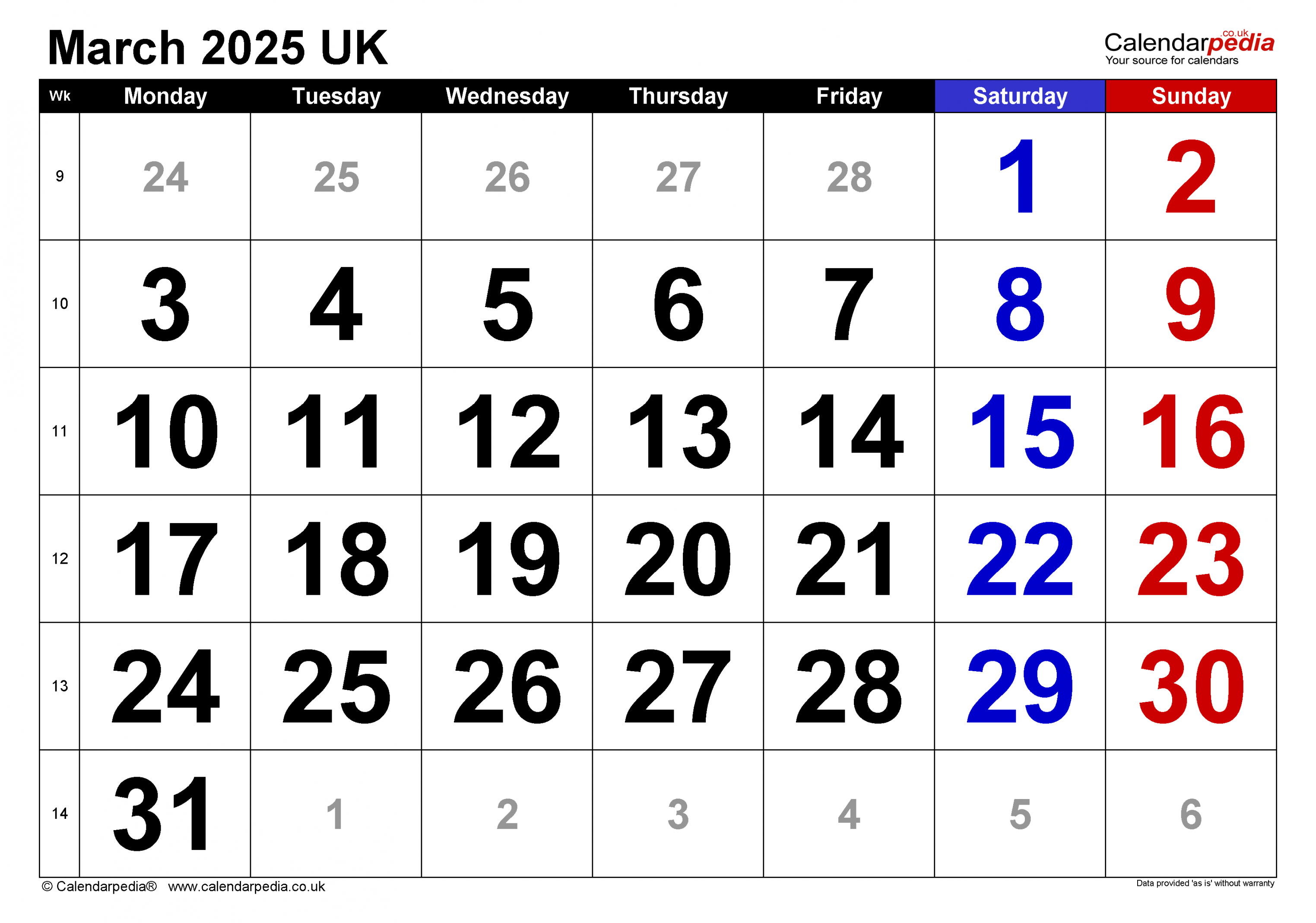 Calendar March  UK with Excel, Word and PDF templates