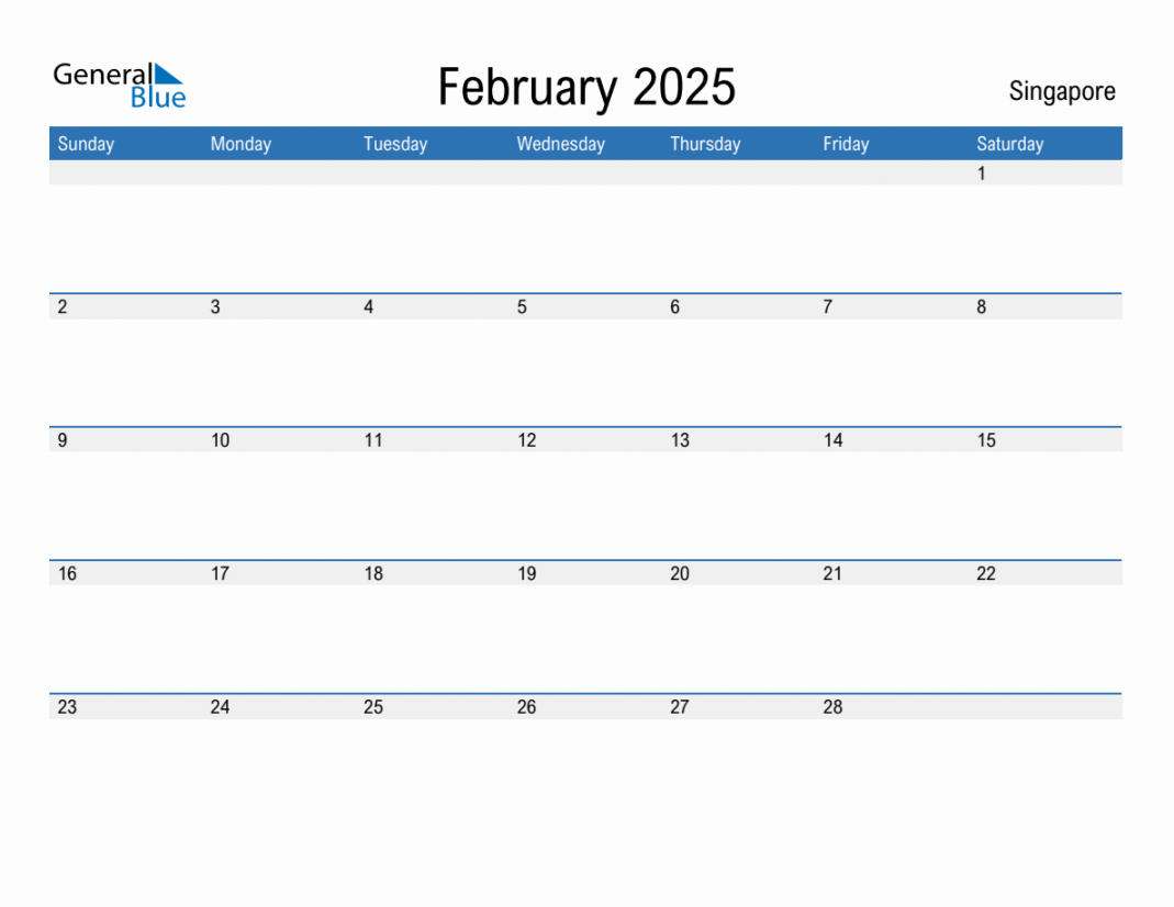 Editable February  Calendar with Singapore Holidays