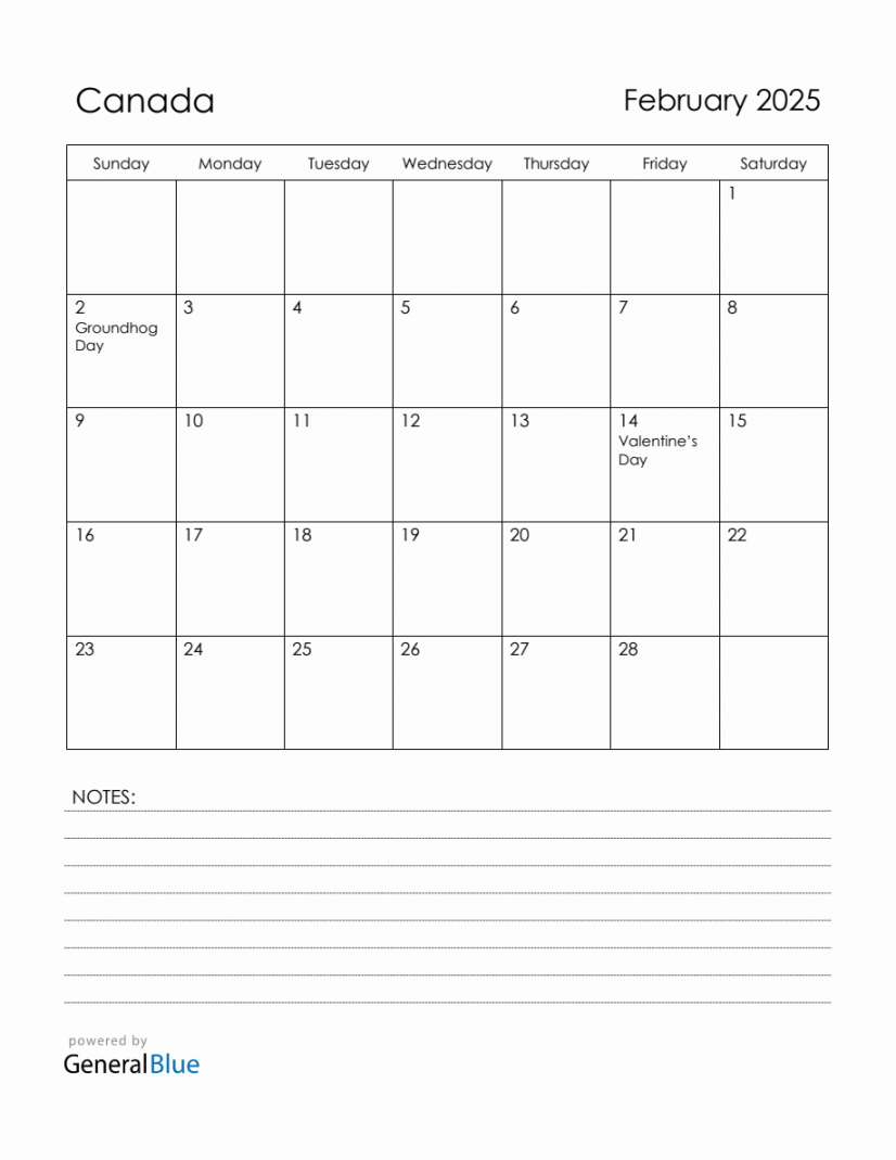 February  Canada Calendar with Holidays