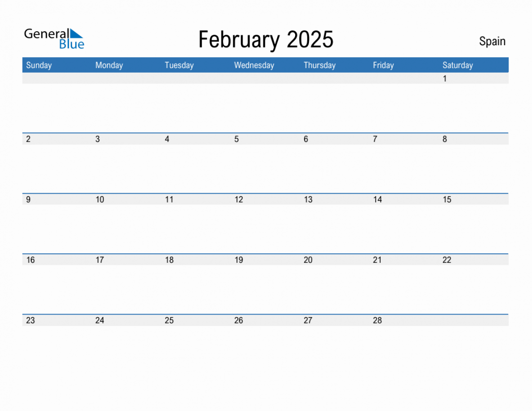 February  Monthly Calendar with Spain Holidays