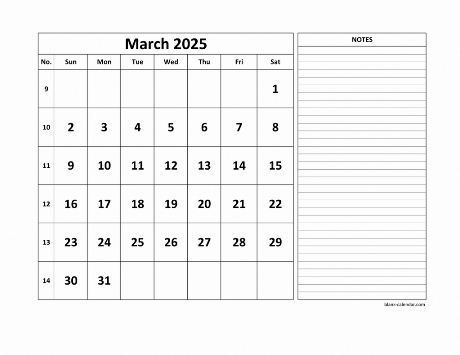 Free Download Printable March  Calendar, large space for