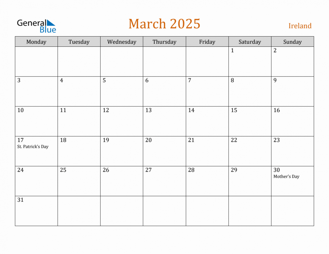 Free March  Ireland Calendar