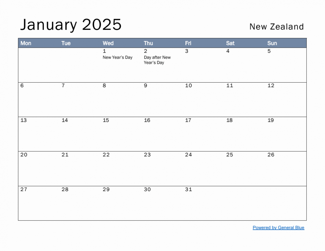 Free Monthly Calendar Template for January  with New Zealand