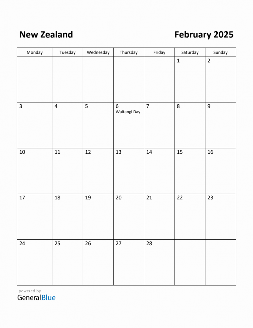 Free Printable February  Calendar for New Zealand