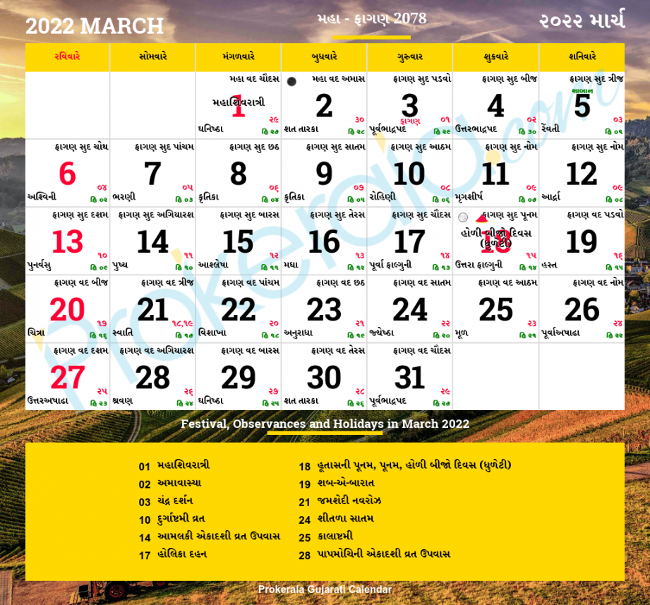 Gujarati Calendar March,   Vikram Samvat , Maha, Phaguna