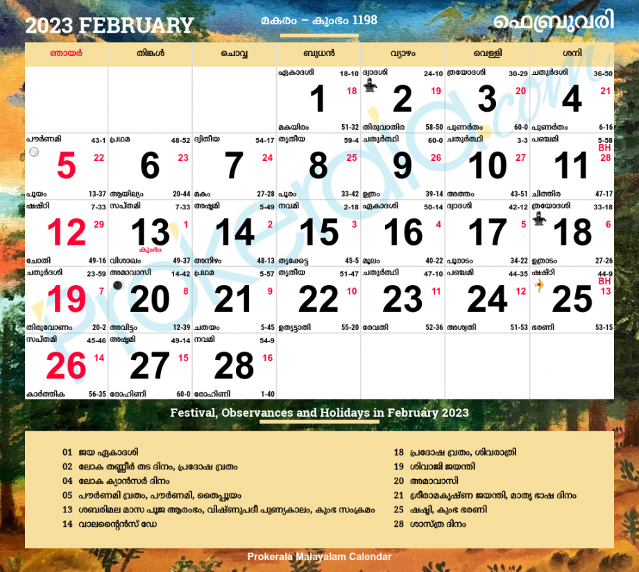 Malayalam Calendar , February