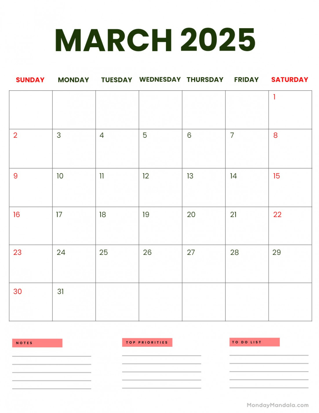 March  Calendar ( Free PDF Printables)