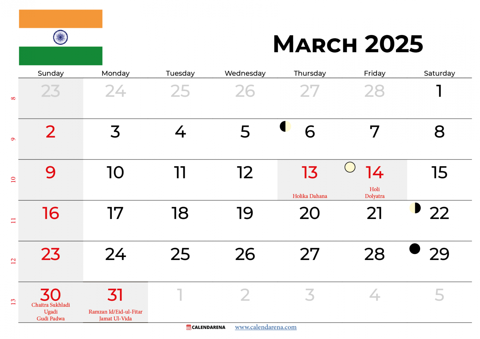 March  Calendar India With Holidays