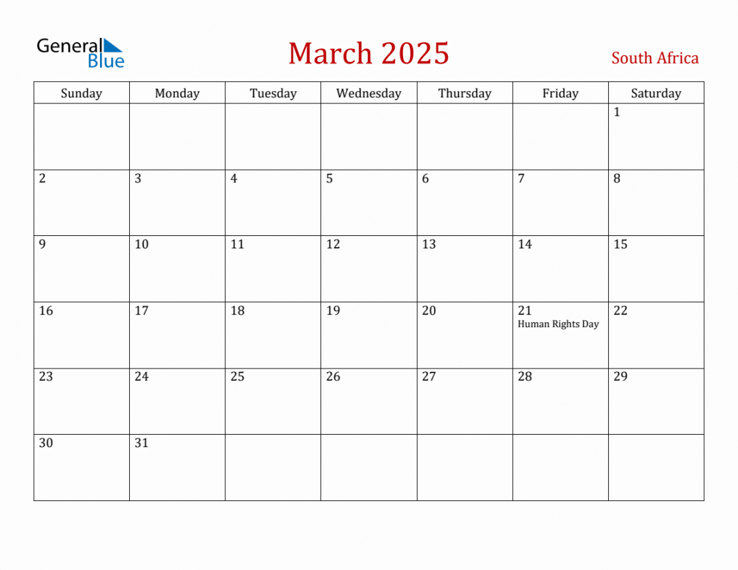 March  South Africa Monthly Calendar with Holidays