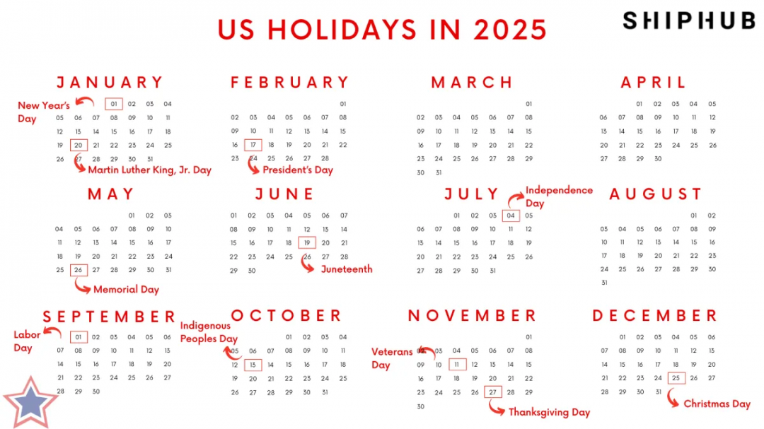 US holidays  - calendar  ShipHub