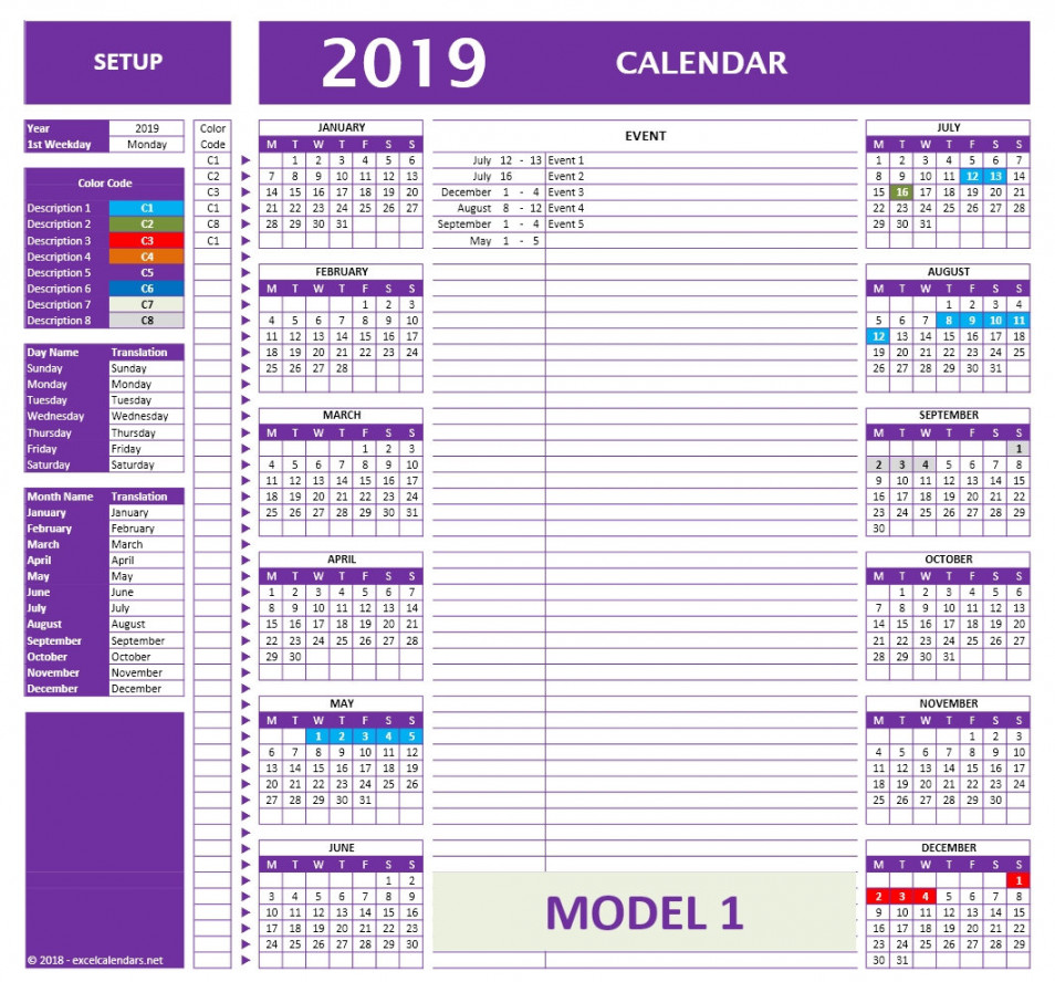 Any Year Event Calendar Excel Template Automated Color Markers for