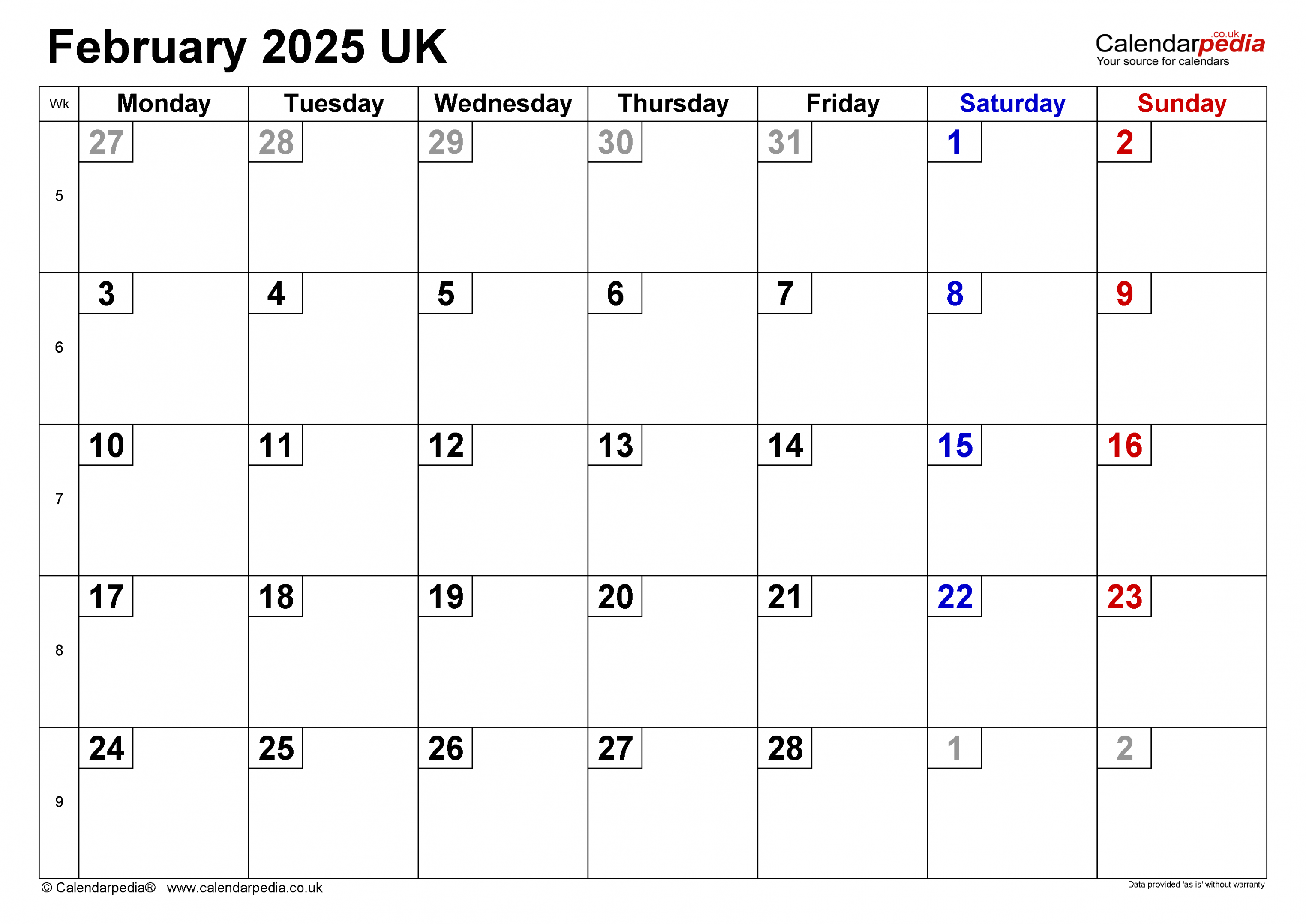 Calendar February  UK with Excel, Word and PDF templates