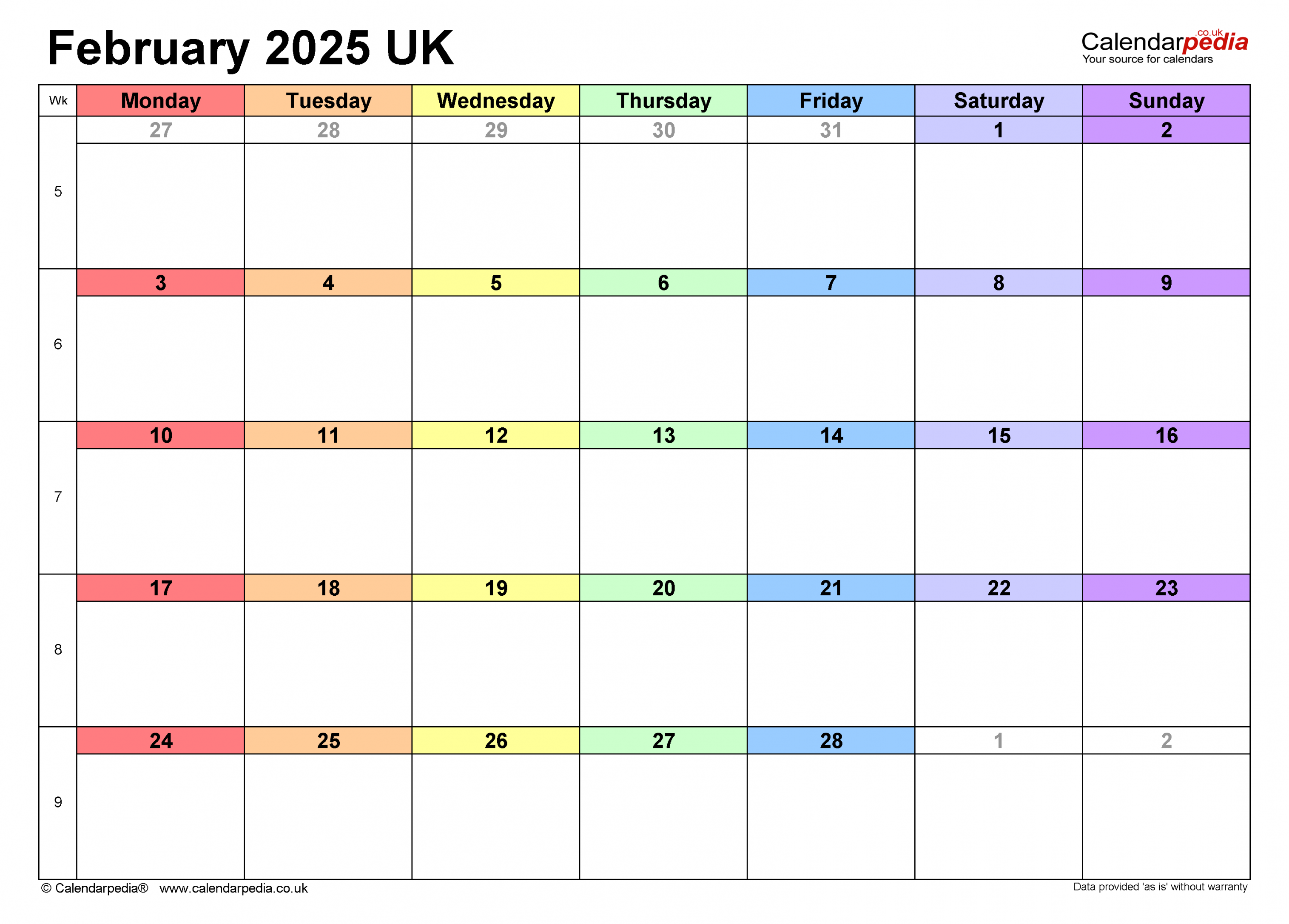 Calendar February  UK with Excel, Word and PDF templates