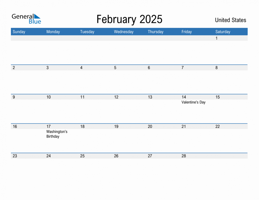 February  Monthly Calendar with United States Holidays