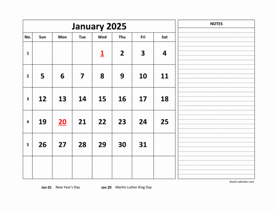 Free Download Printable January  Calendar, large space for