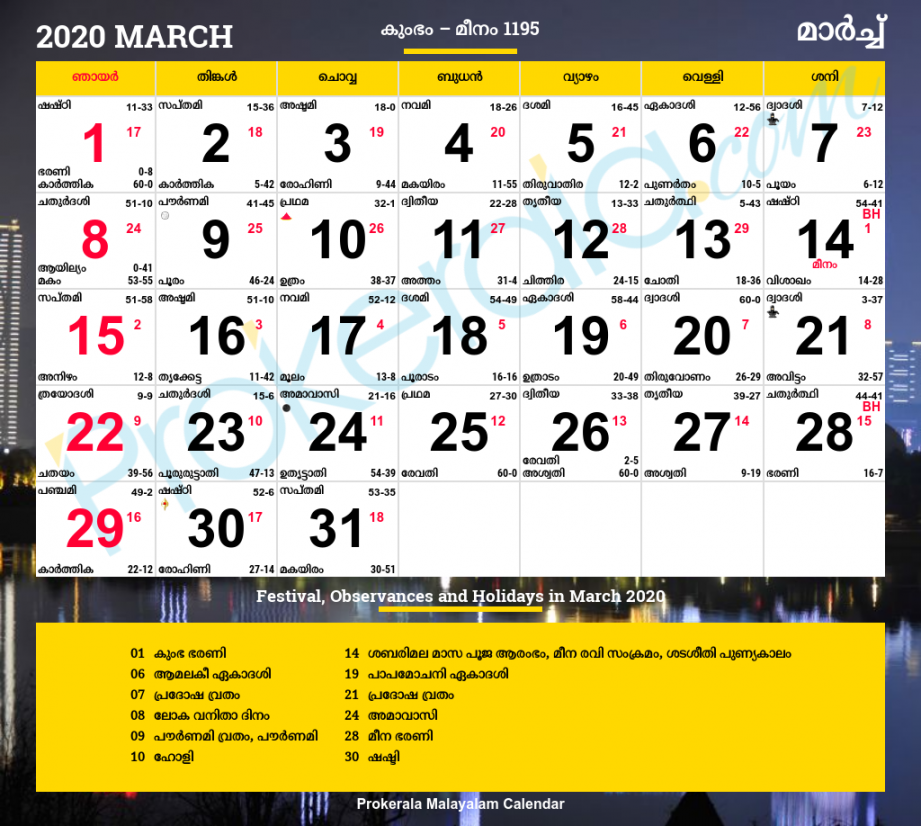 Malayalam Calendar , March